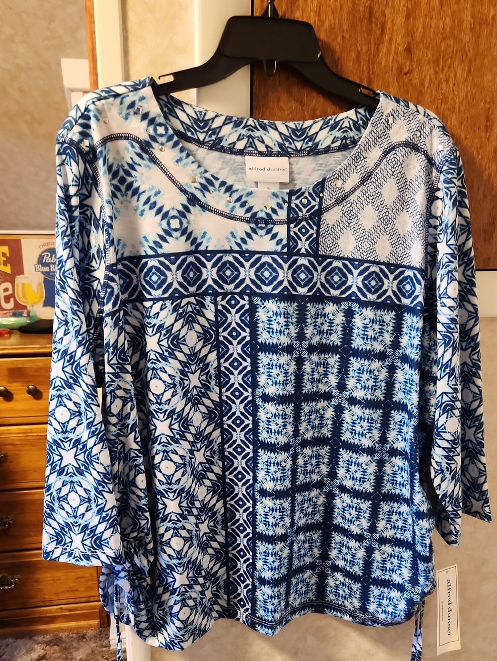 XL NEW Alfred Dunner Blue & White Mixed Print Tunic Top 3/4 SLEEVE List #108